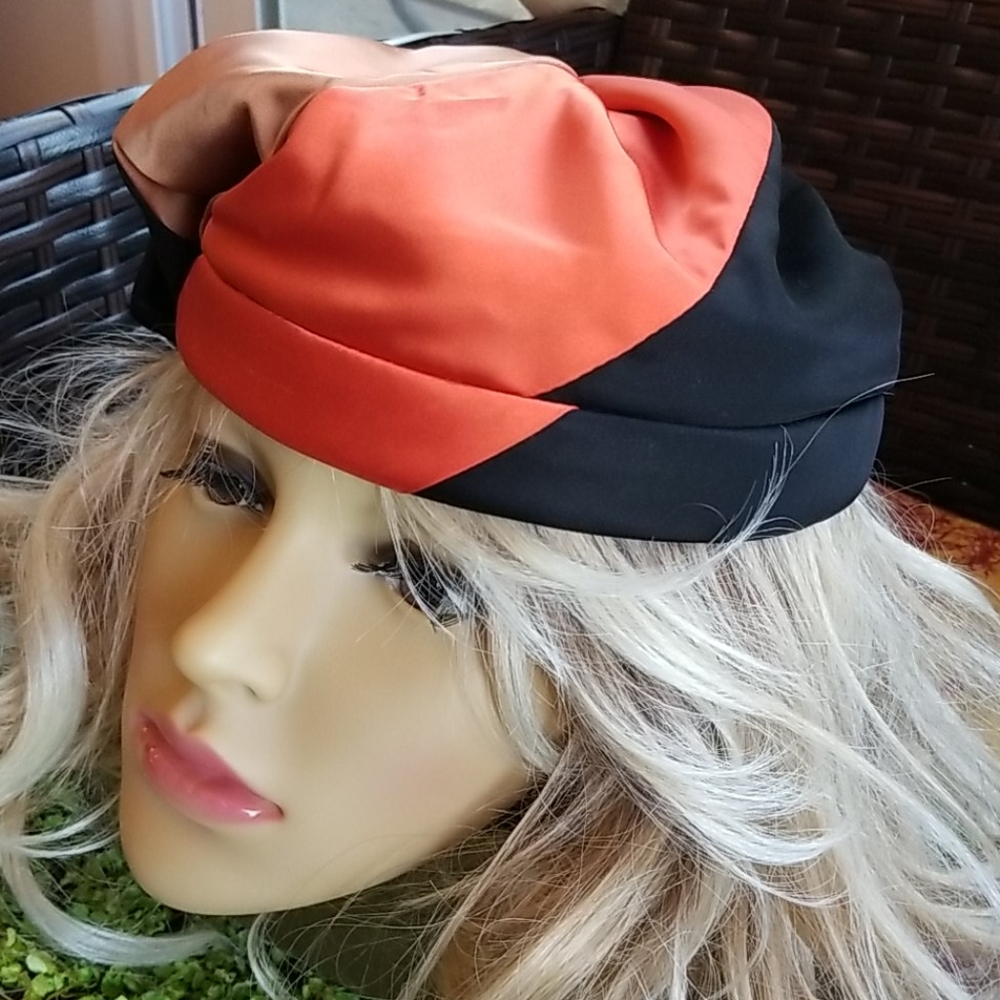 60's GENE DORIS Groovy Satin Pinwheel Organge Black Silky City Beret Artist Hat - Picture 4 of 12